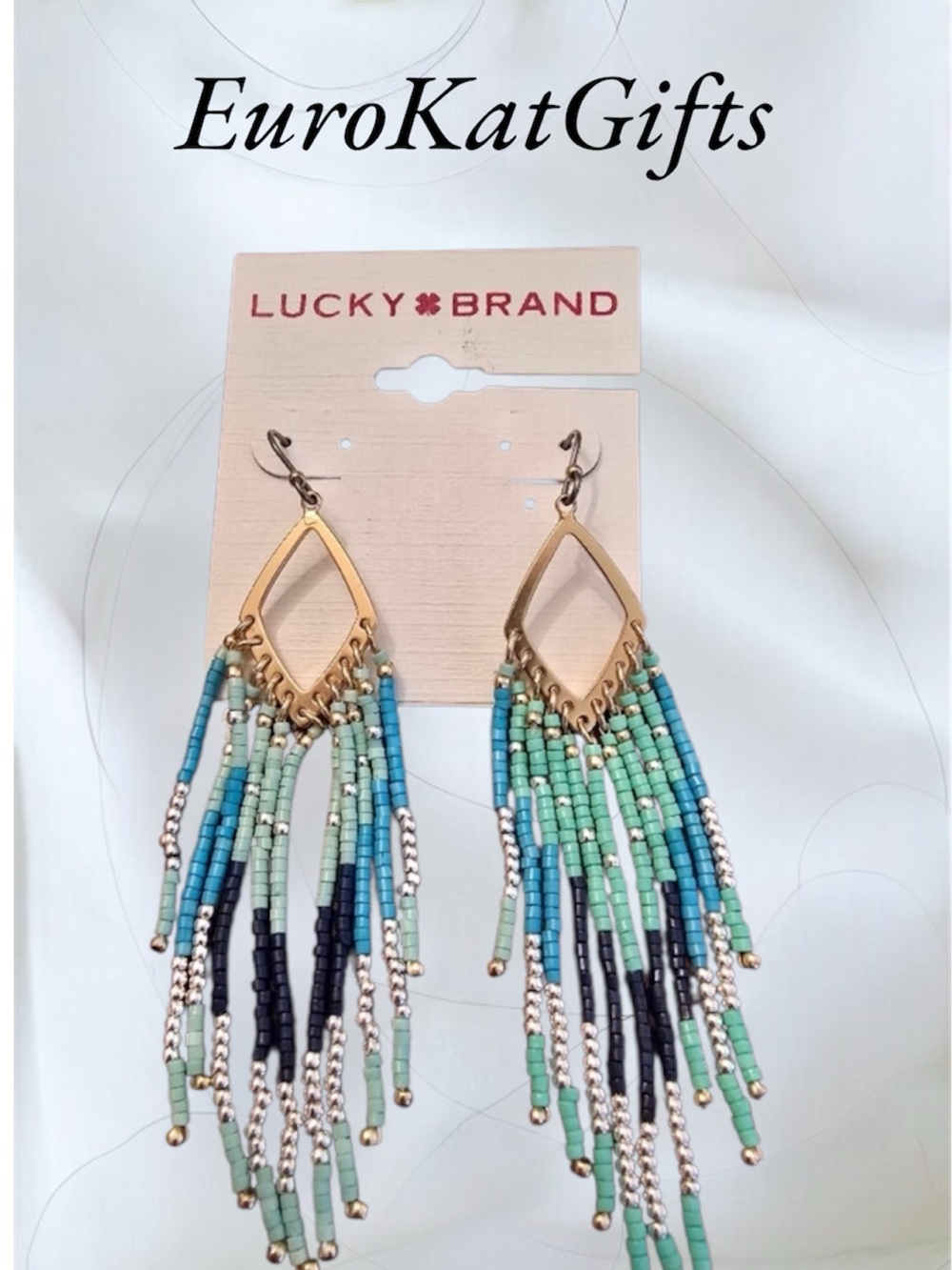 Lucky Brand Aqua & Teal Beaded Fringe Earrings with Gold Accents
